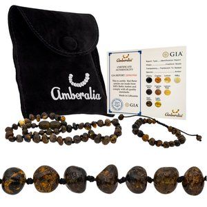 Baby Baltic Amber teething necklace and adjustable bracelet set-  Dark Green -